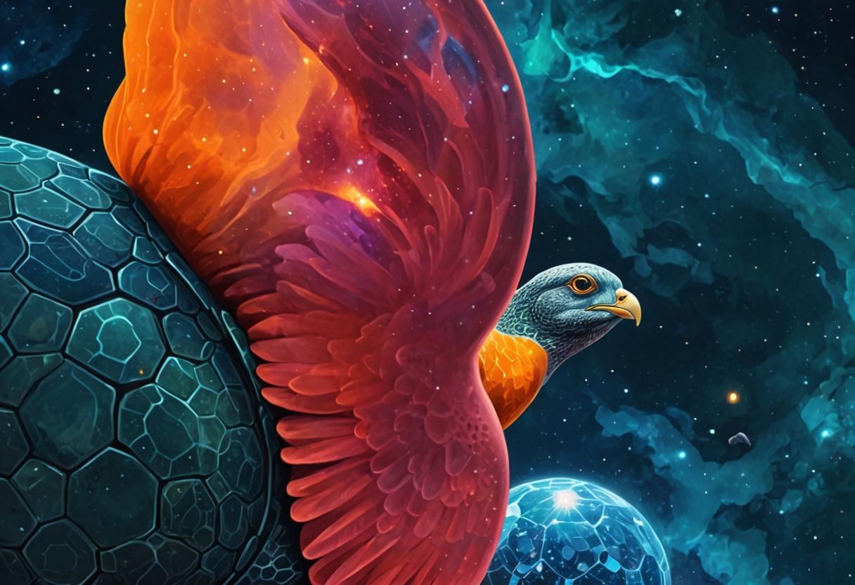 Surreal Seagull-Turtle Navigates Space in Digital Art
