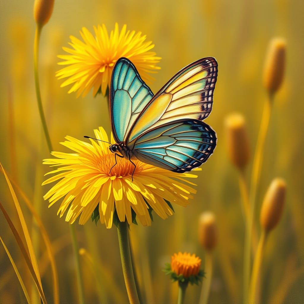 Iridescent Butterfly on a Dandelion in Whimsical Post-Impres...