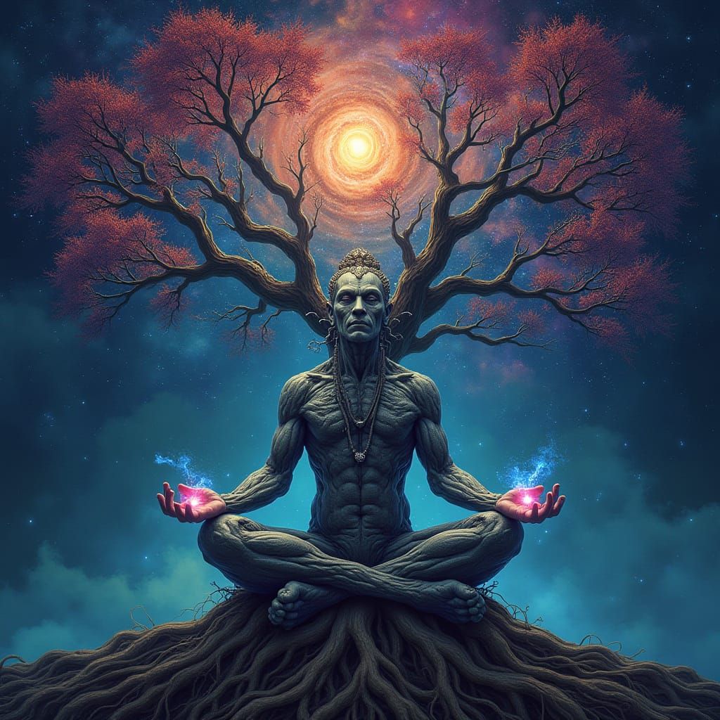 Elder God in Gnarled Tree, Surreal Bioluminescent Art