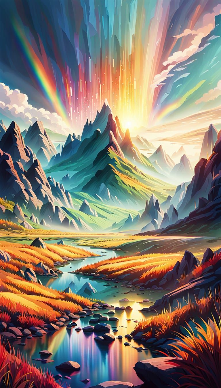 Rainbow Crystal Valley in Vibrant Oil Painting Style