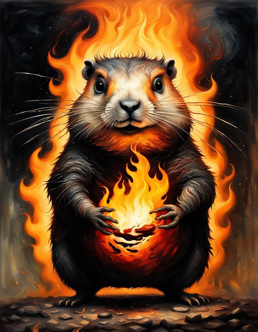 Flaming Cyborg Woodchuck in Surrealist Style