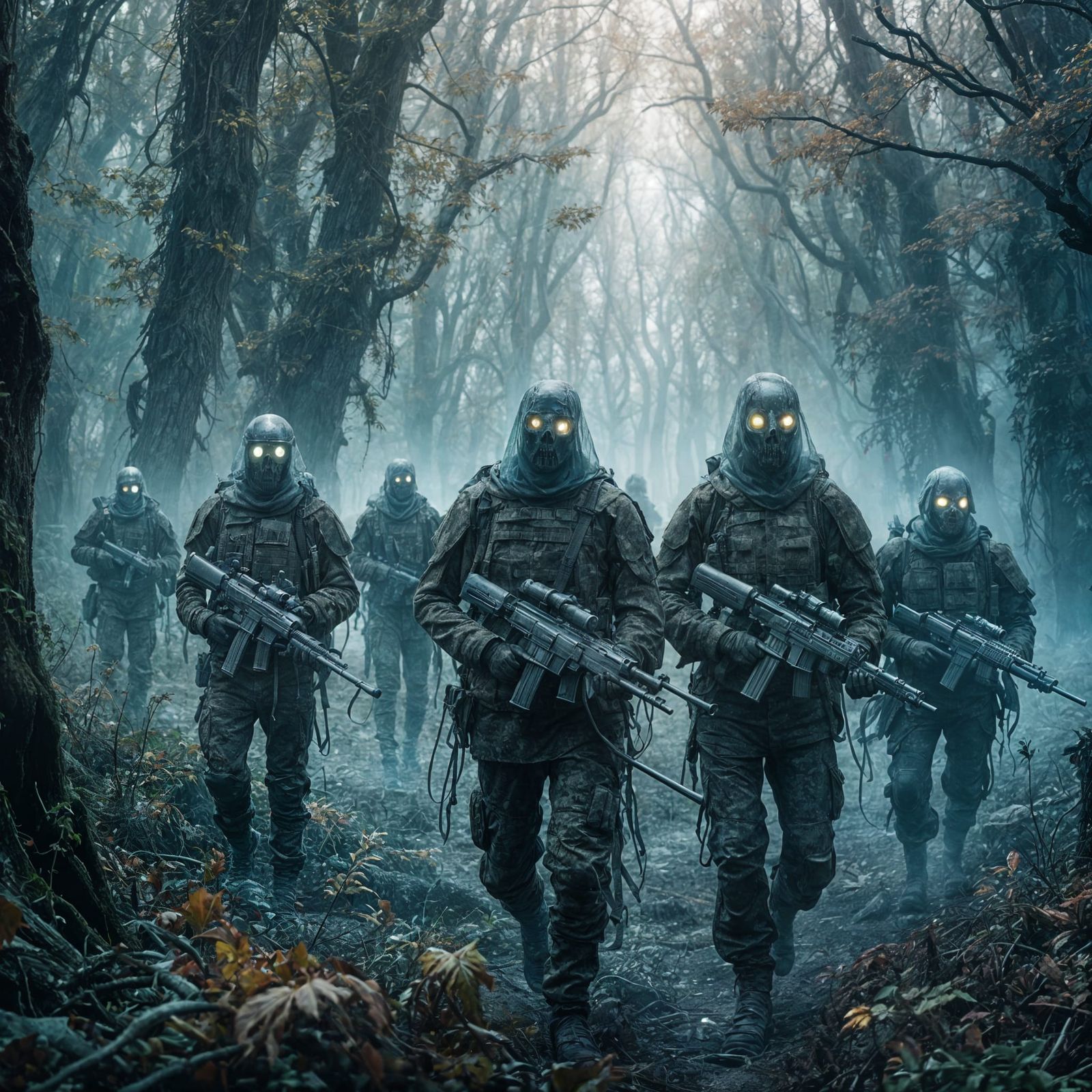 Futuristic Ghostly Soldiers March Through Decaying Forest