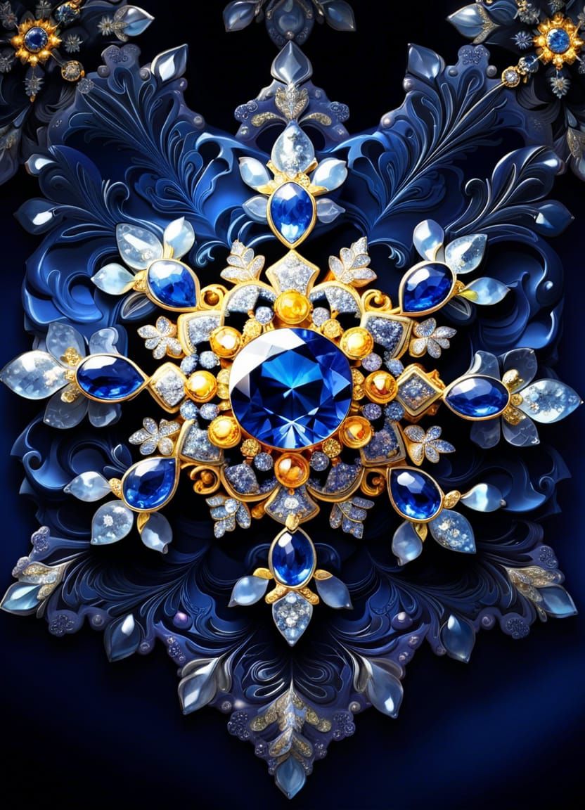 Ornate Blue Snowflakes Jewelled with Sapphire and Gold Accen...