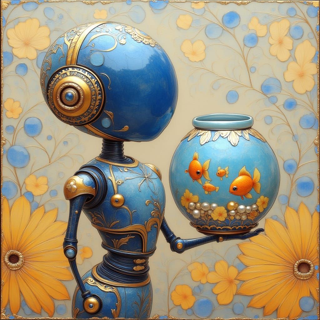 Cute Robot Holding Fishbowl in Byzantine Style