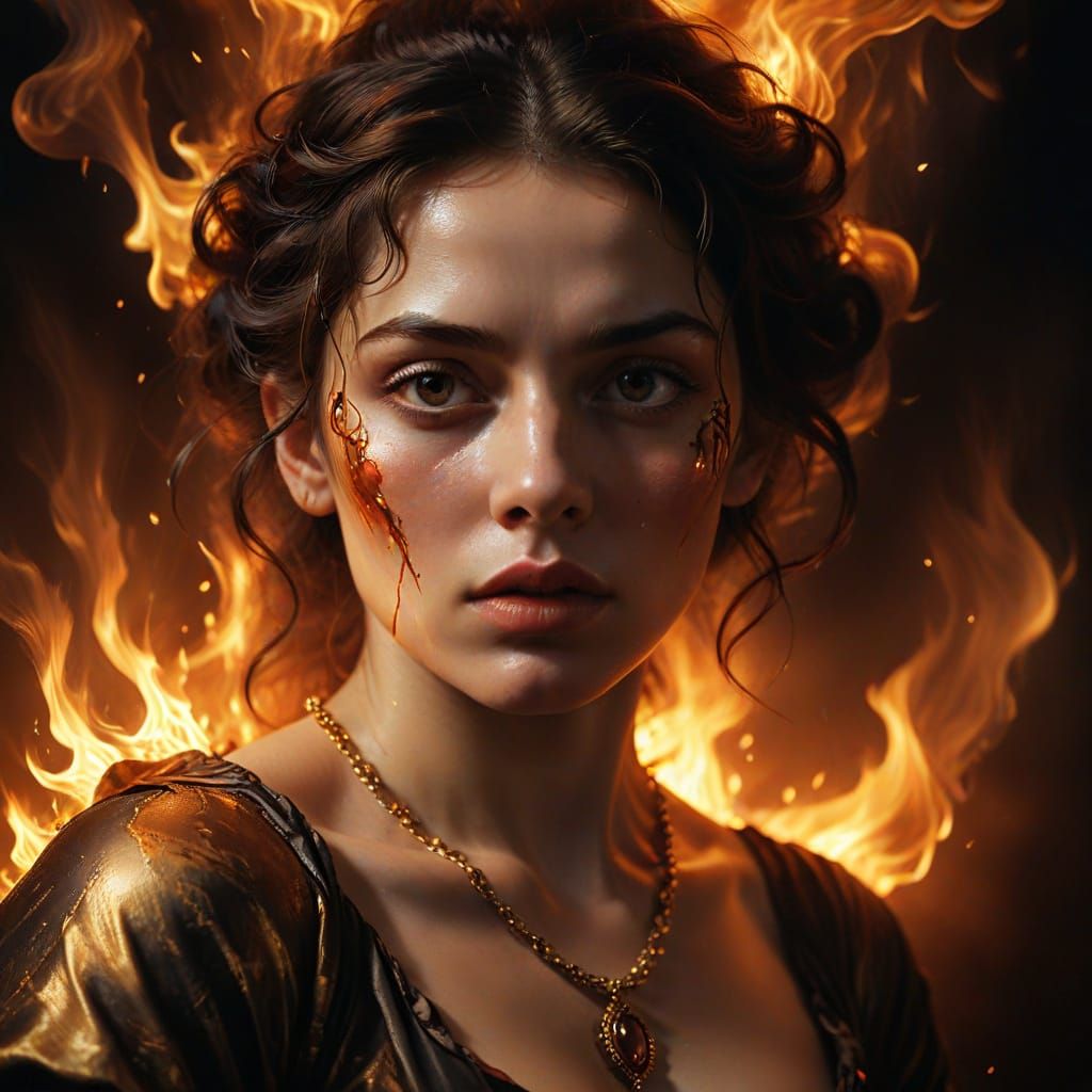 Dramatic Baroque Portrait of a Woman Enveloped in Flames