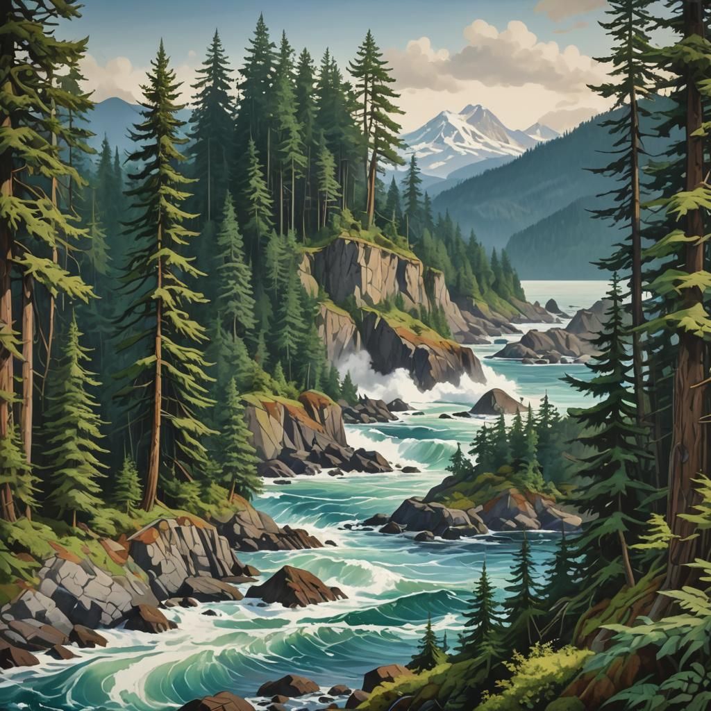 Pacific Northwest Forest, Mountain, and Coastline in Matte P...