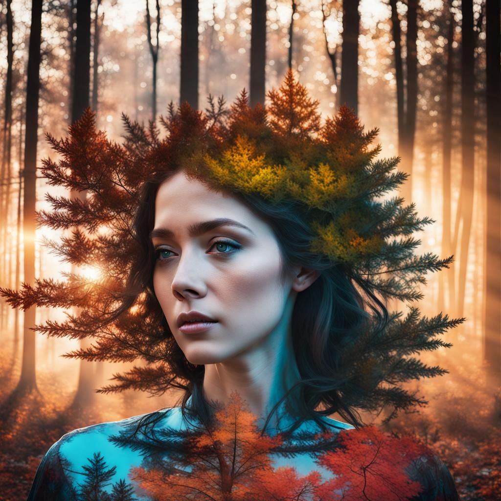 Autumnal Angel Silhouette in Forest Double Exposure