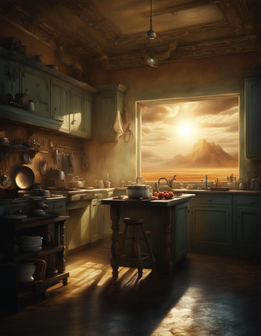 Dramatic Kitchen Scene with Sun Halo Effect