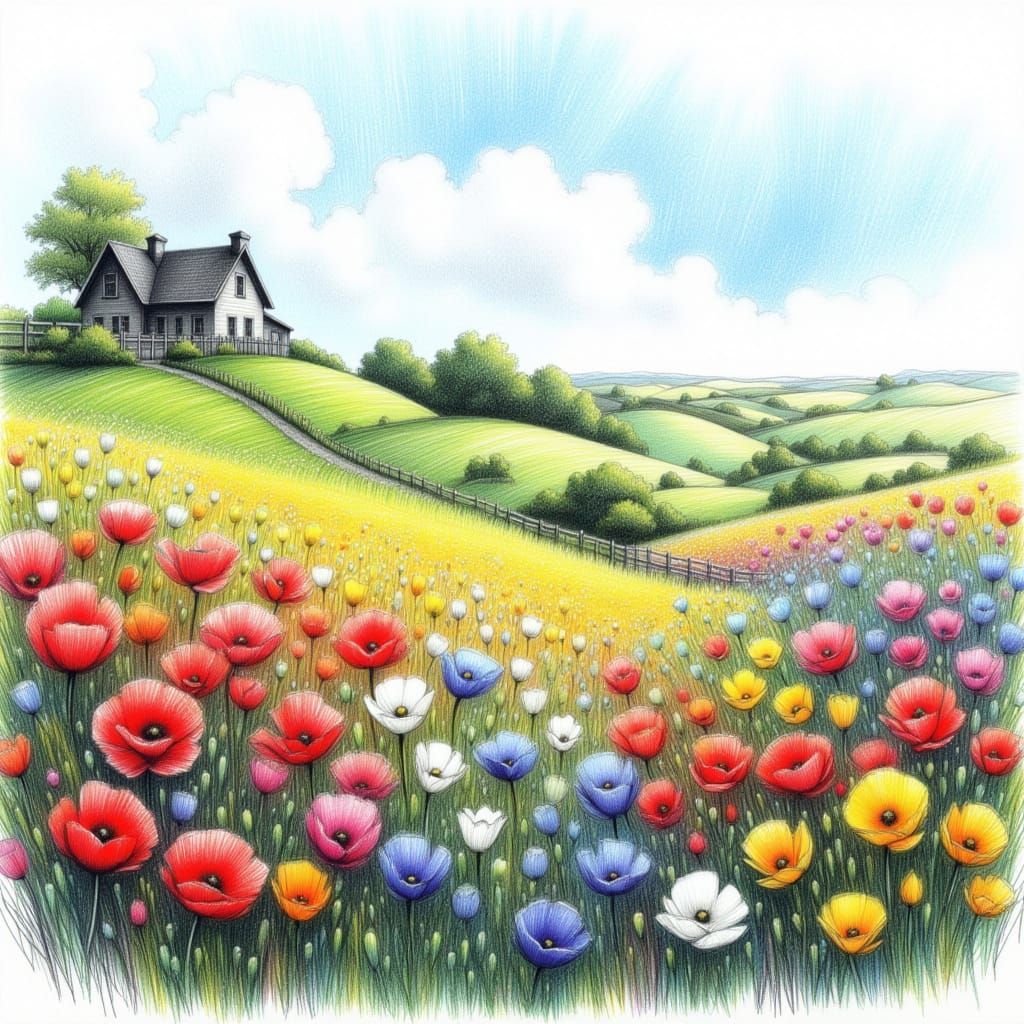 Vibrant Irish Countryside in Color Pencil Style