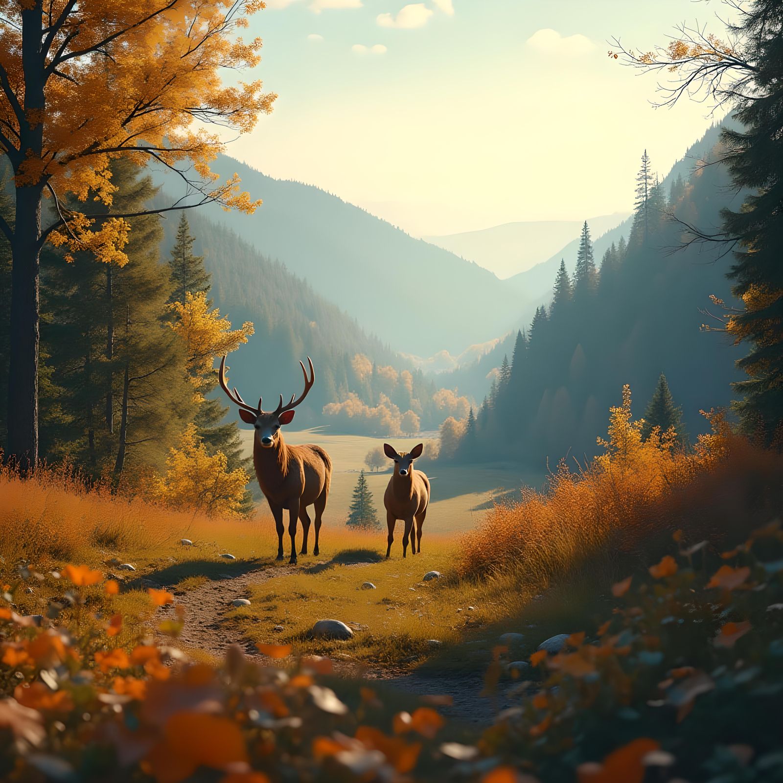 Autumn Valley: Wildlife and Forest Patches in Sunlight