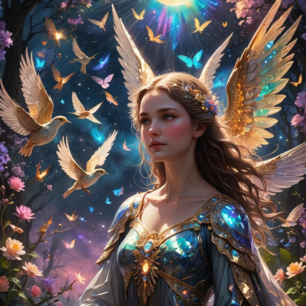 Astral Winged Being in Holographic Cosmic Illustration