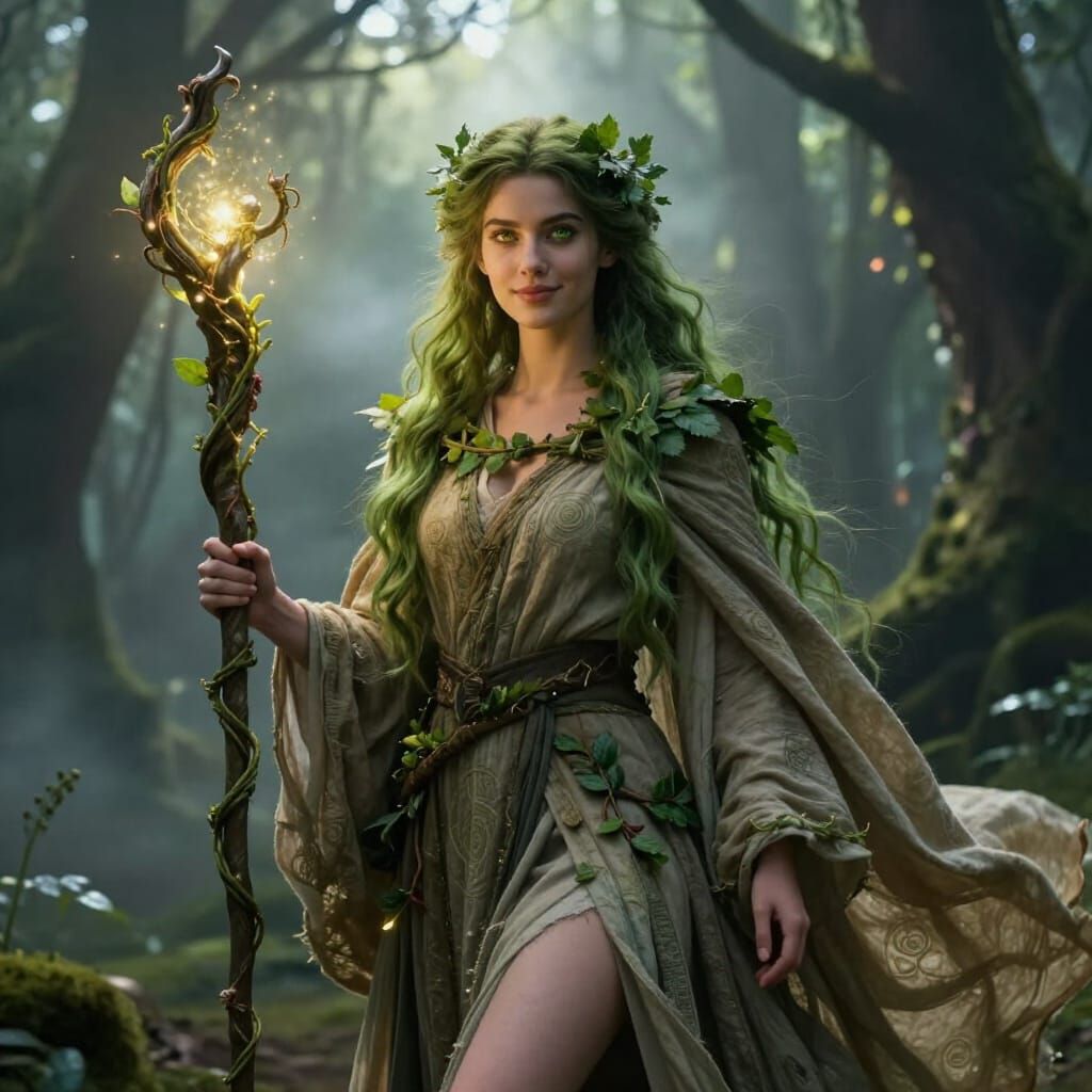 Enchanted Forest Druidess with Glowing Staff