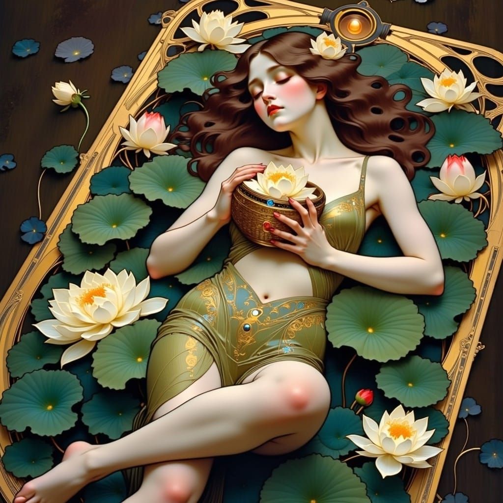 Antique Tarot Card with Lotus Flowers in Art Nouveau Style