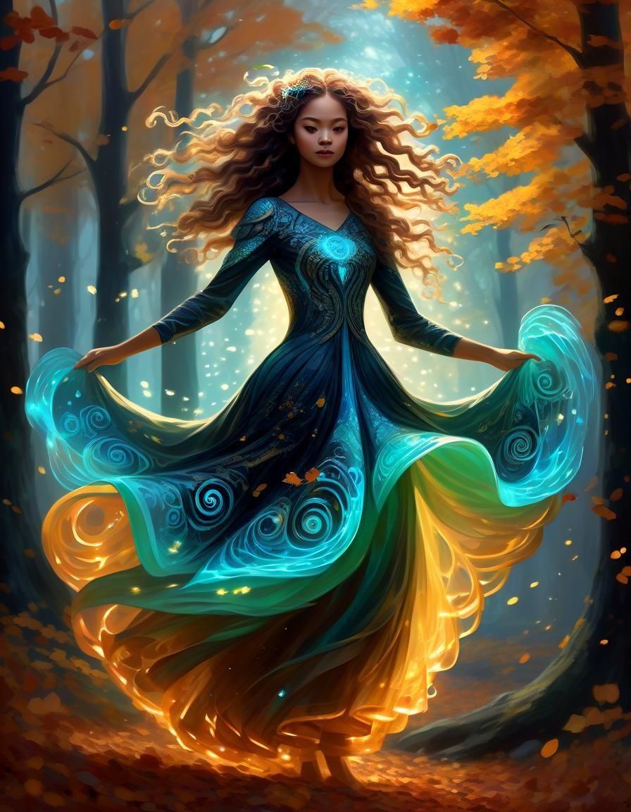 Bioluminescent Fantasy Dancer in Autumn Forest