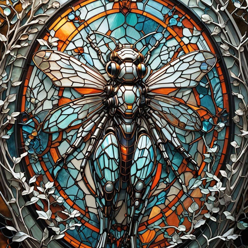 Science Fiction Stained Glass Wasp in Orange Light