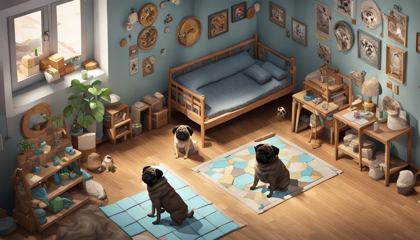 Isometric Pug Playroom in Photorealistic Style