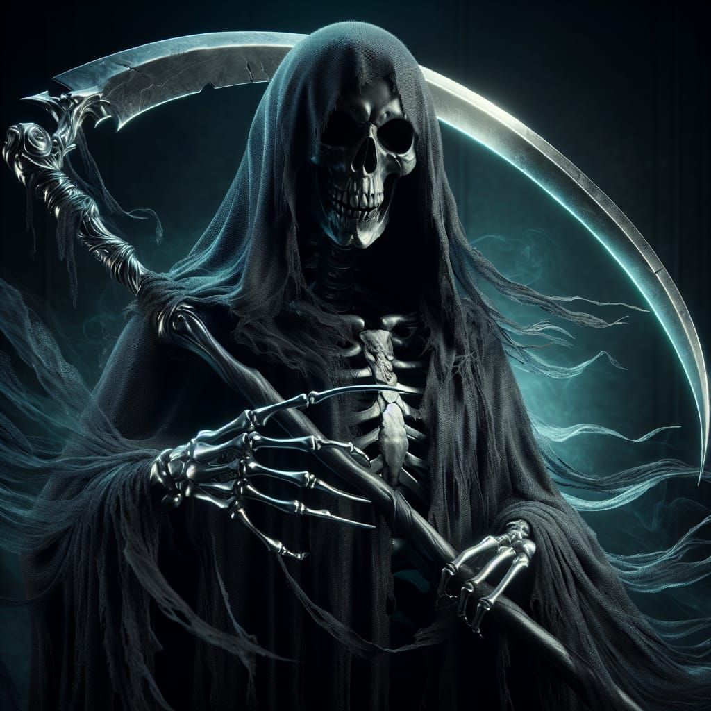 Skeleton Warrior with Glowing Scythe in Dark Cloak