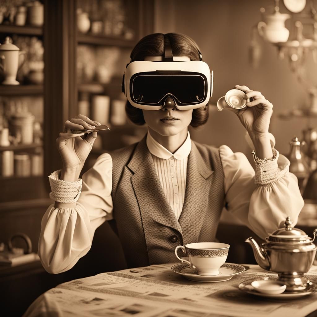 Elegant Woman with VR Headset in Sepia Photograph