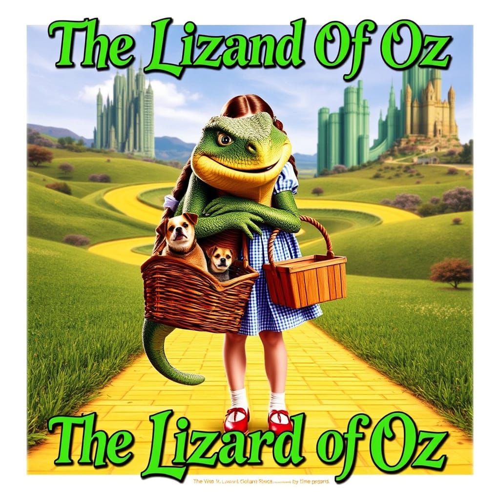 Dorothy Embraces a Smiling Lizard on a Yellow Brick Road