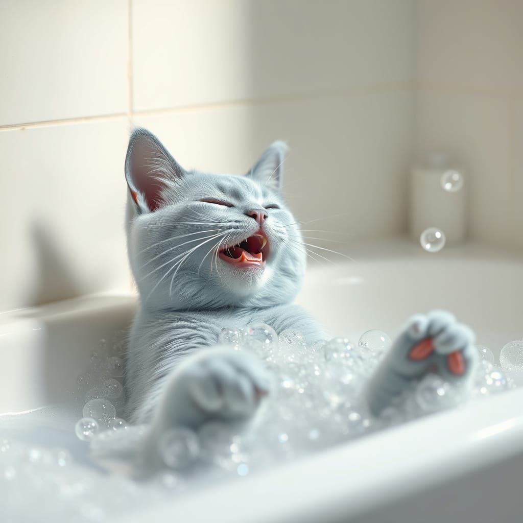 Whimsical Feline Soaks in Tranquil Blue Waters