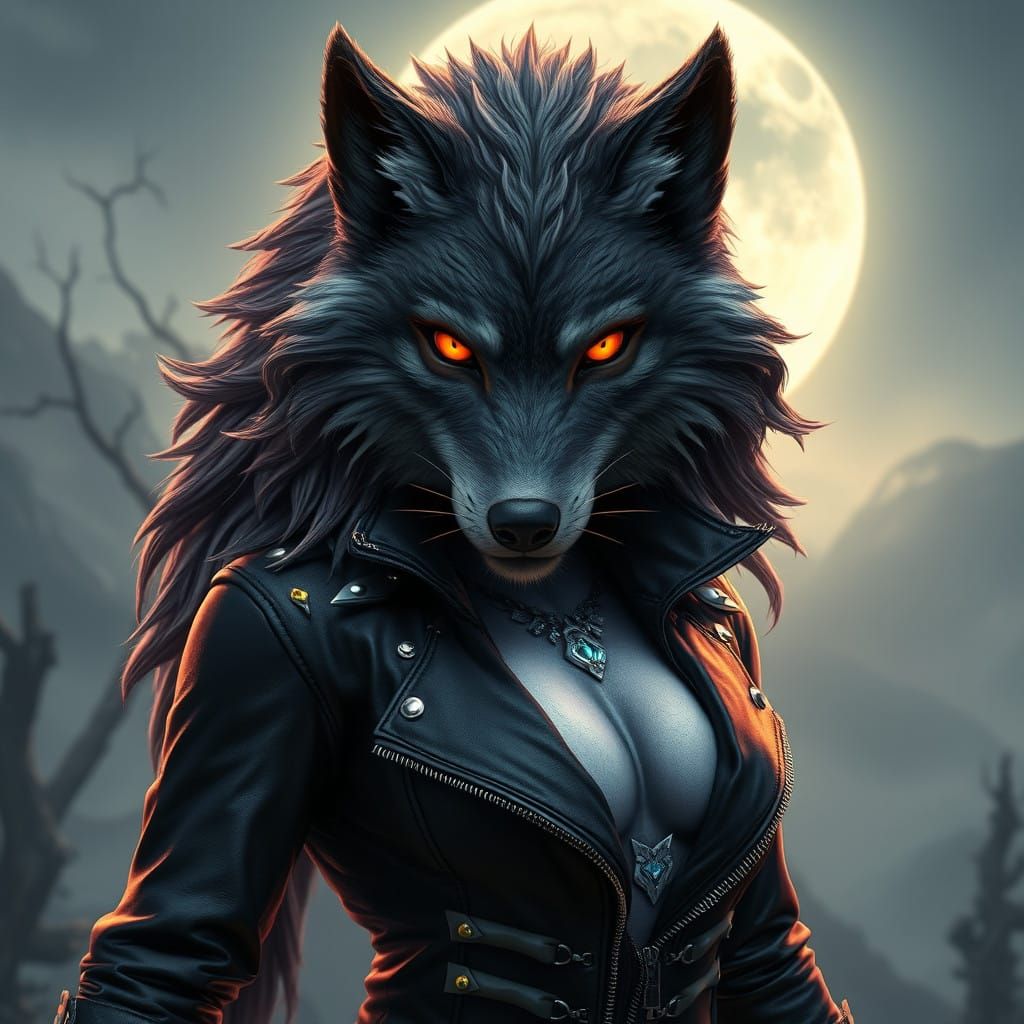 Werewolf Woman in Moonlit Landscape, in Cyberpunk Style