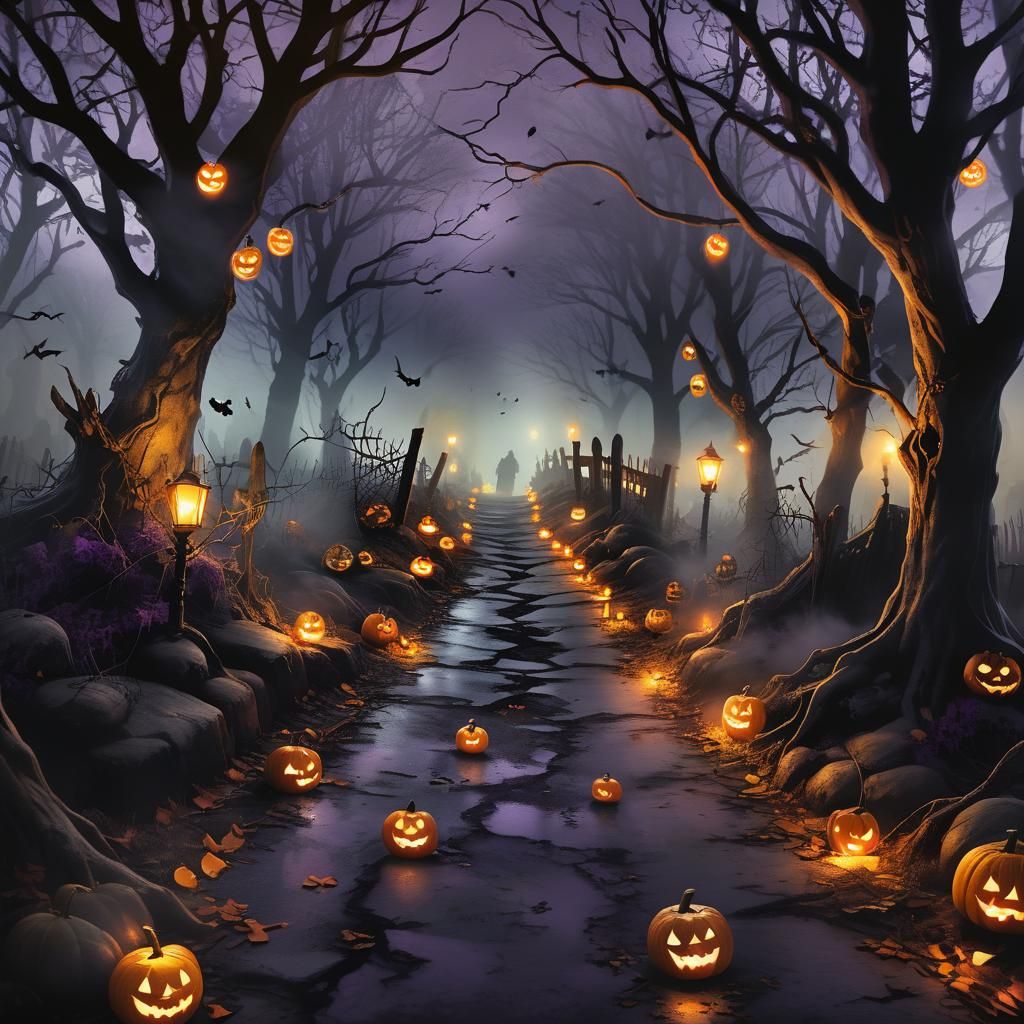 Eerie Path with Jack-o-Lanterns in Hyper-Realistic Digital A...