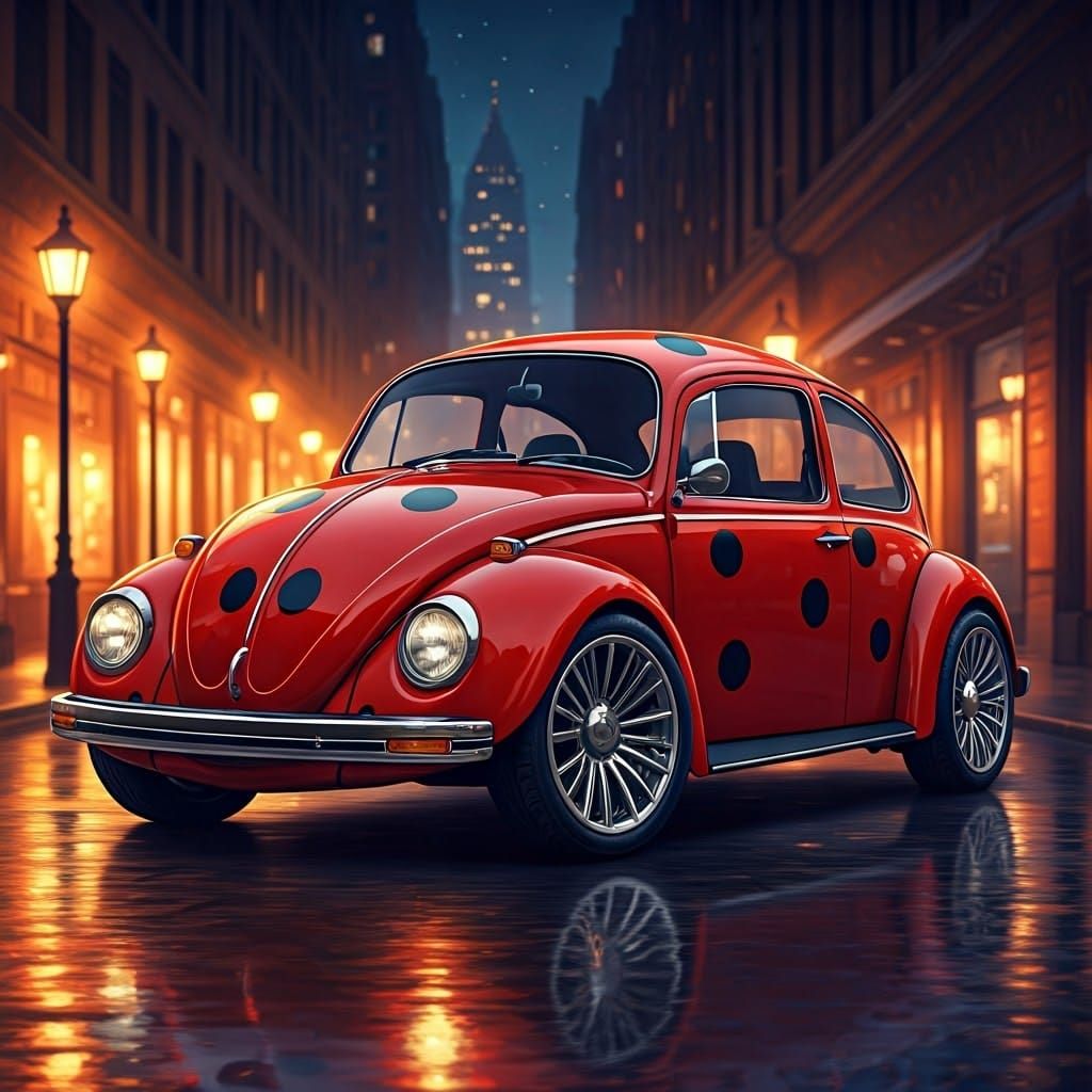 Ladybug VW Beetle in Hyperrealistic Oil Painting