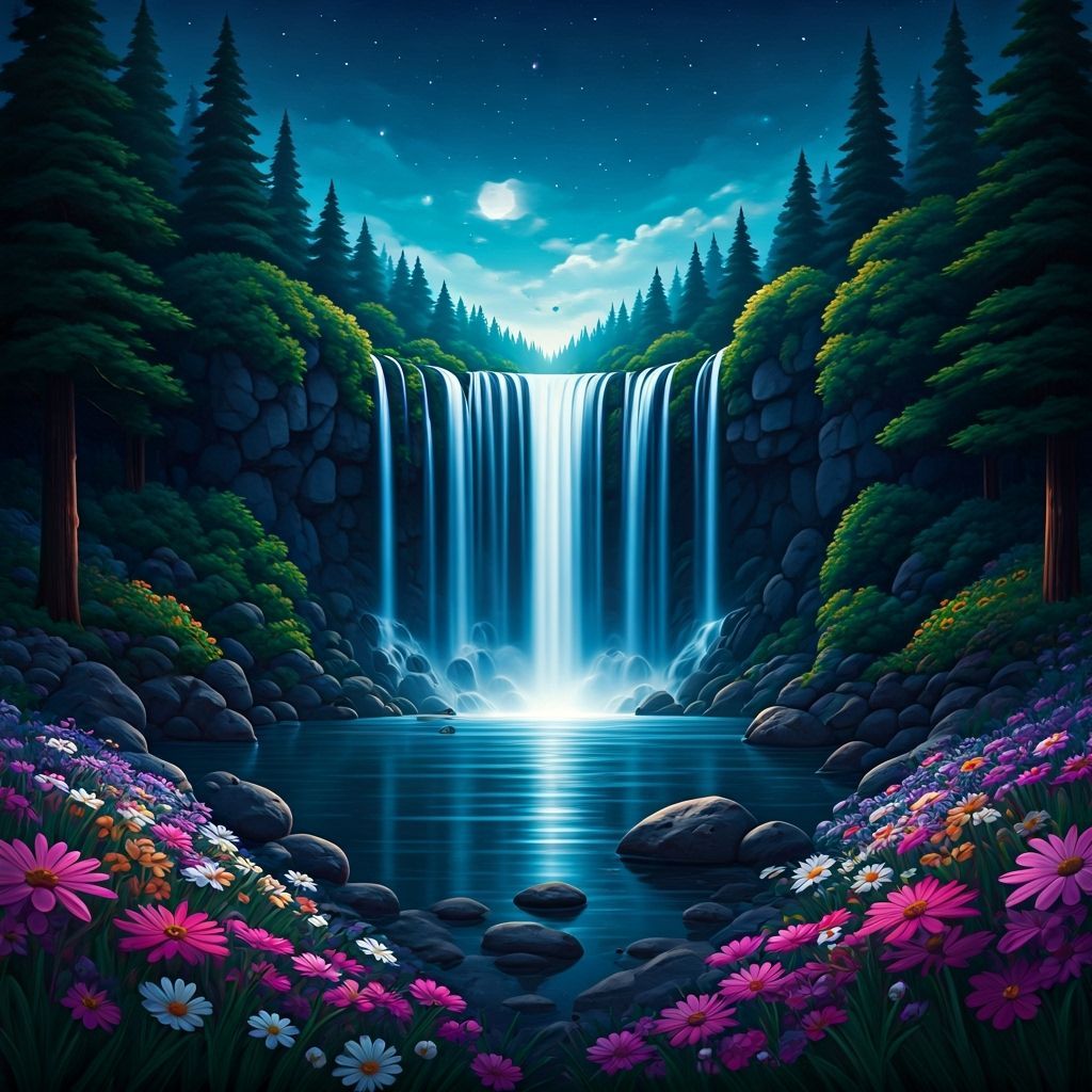 Moonlit Waterfall with Wildflowers and Starry Night Sky