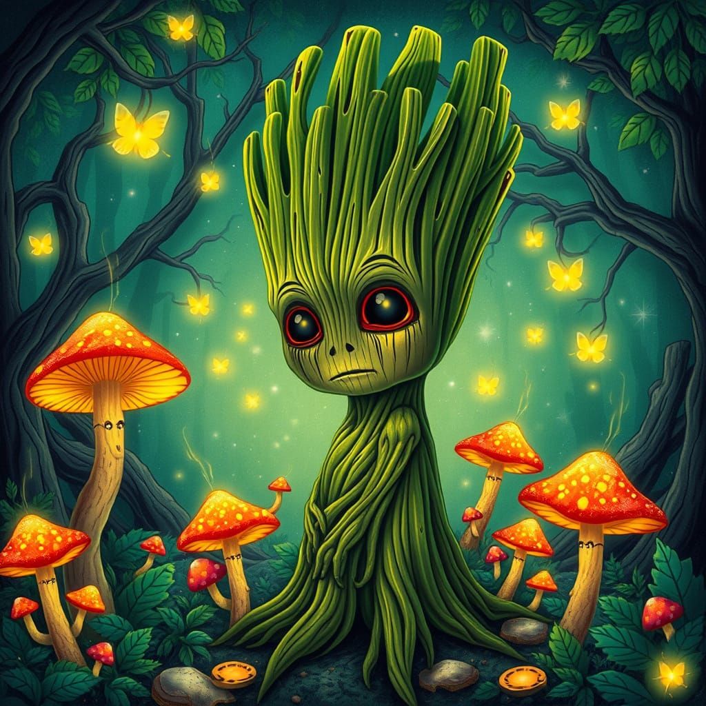 Surreal Groot in Whimsical Emerald Forest