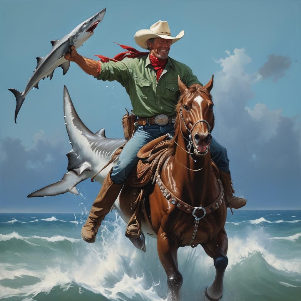 Cowboy Rides a Shark: An Oil Painting