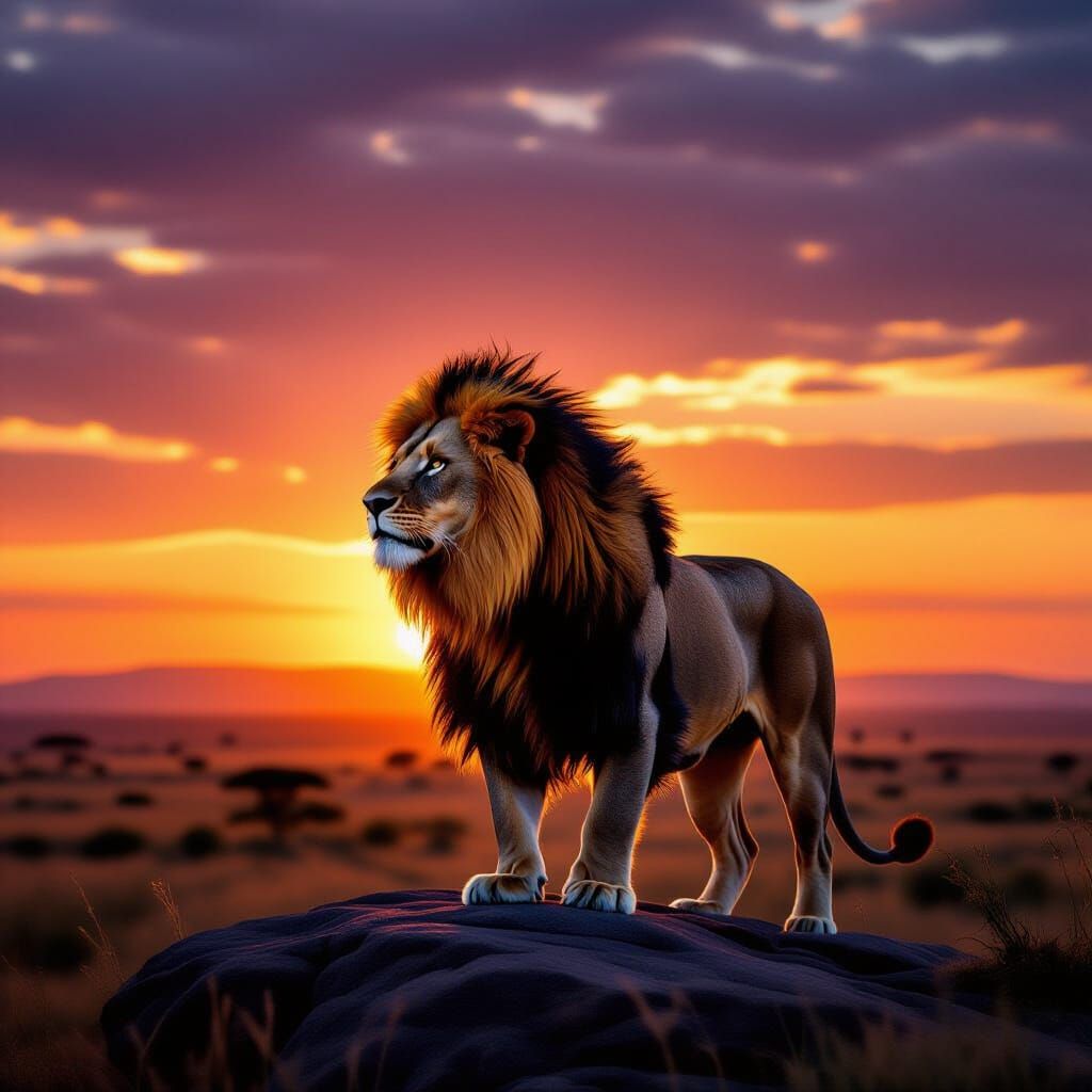 Majestic Lion on Savanna at Sunset, Hyperrealistic Wildlife ...