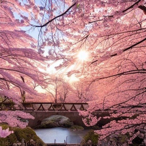 Sunset Sakura Forest Scene with River Bridge