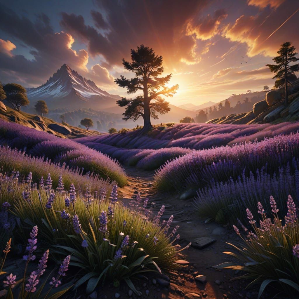Ethereal Lavender Fields in Golden Hour Glory