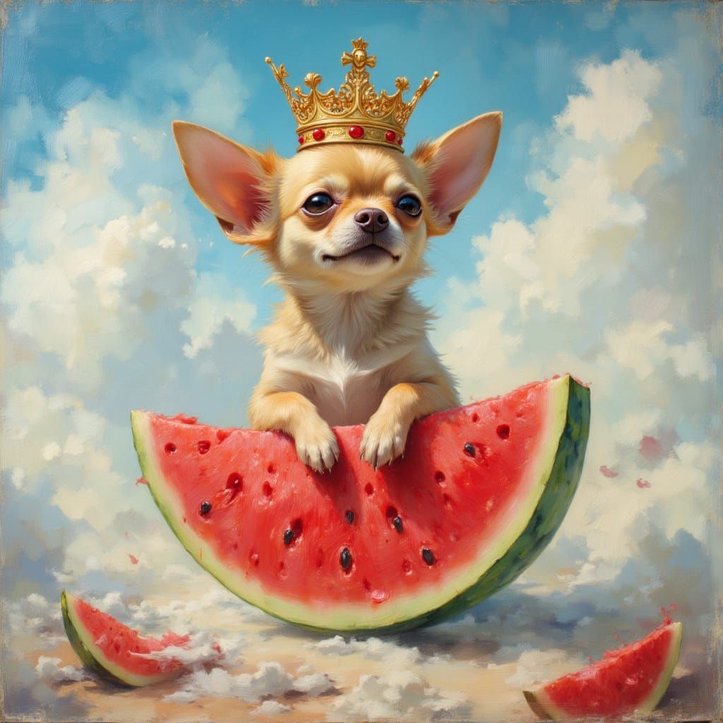 Bewildered Chihuahua Puppy in Crown on Watermelon Slice