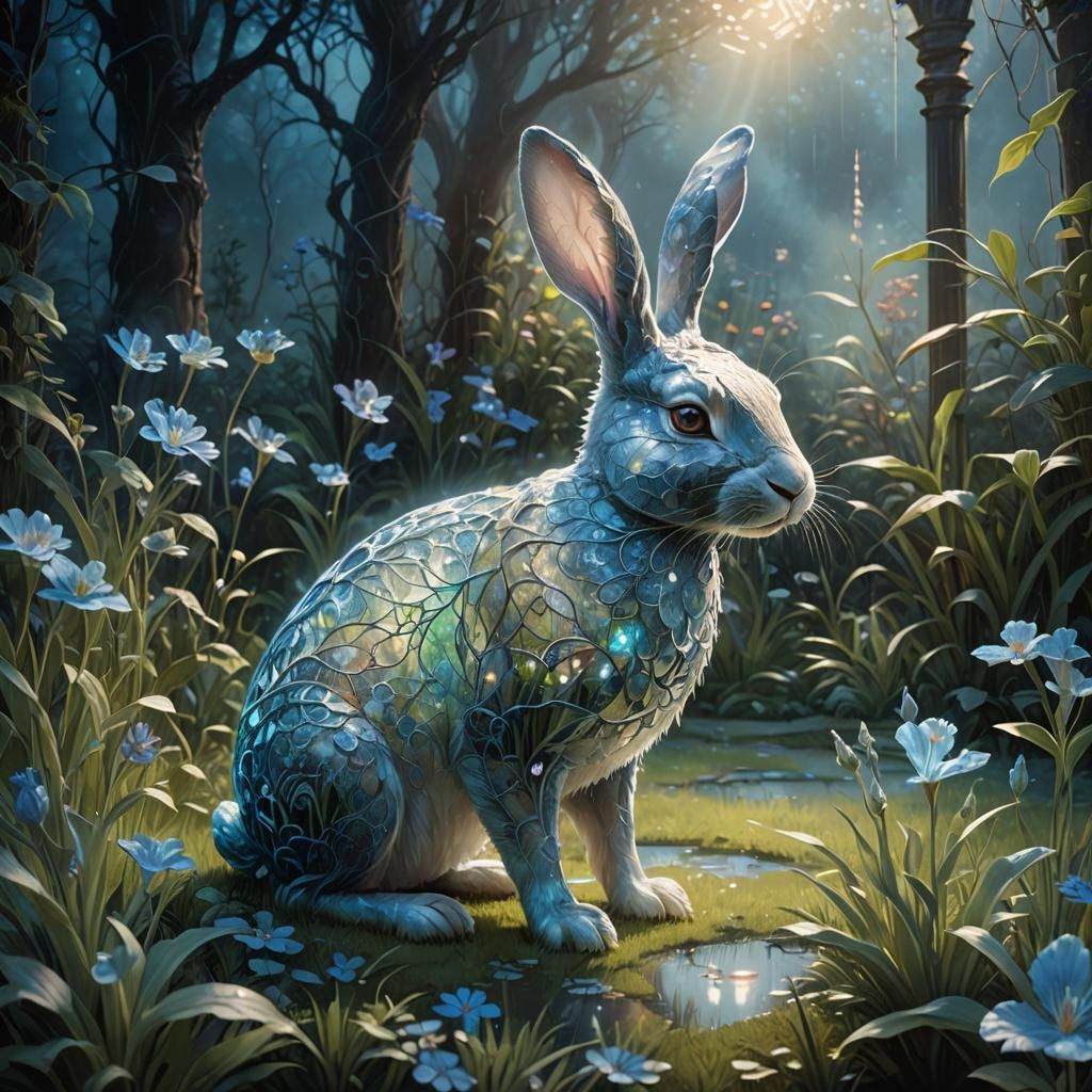 Glass Rabbit in Lush Garden, Fantasy Concept Art