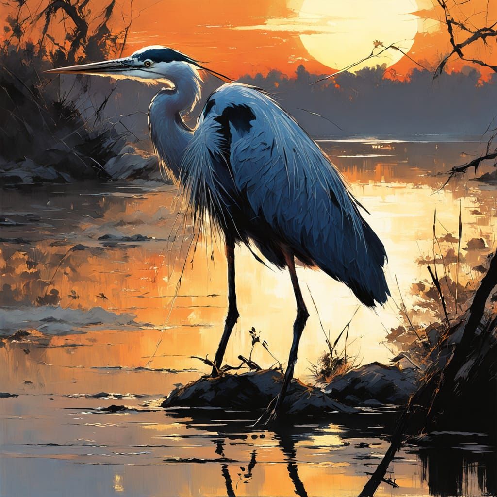 Ethereal Blue Heron at Sunset Lake
