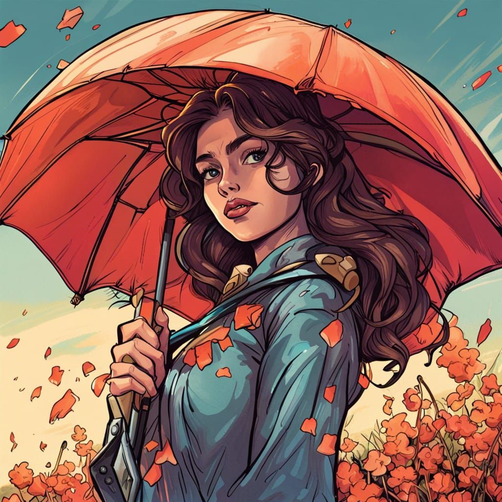 Woman with Umbrella in Flower Field, Comic Book Style