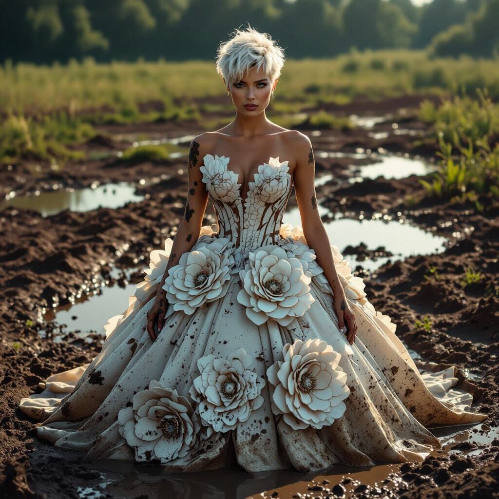 Woman in Mud-Splattered Gown in Puddle-Filled Field