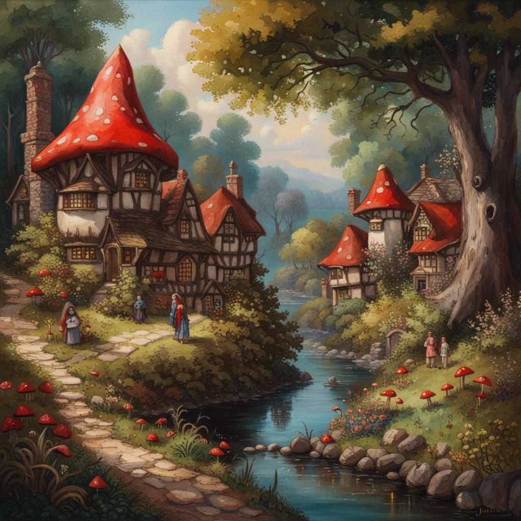 Fairytale Village Next to Dark Forest, Watercolor Painting