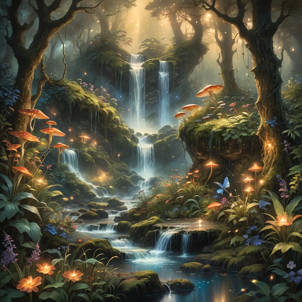 Enchanted Forest Waterfall in Dreamlike Watercolor Style