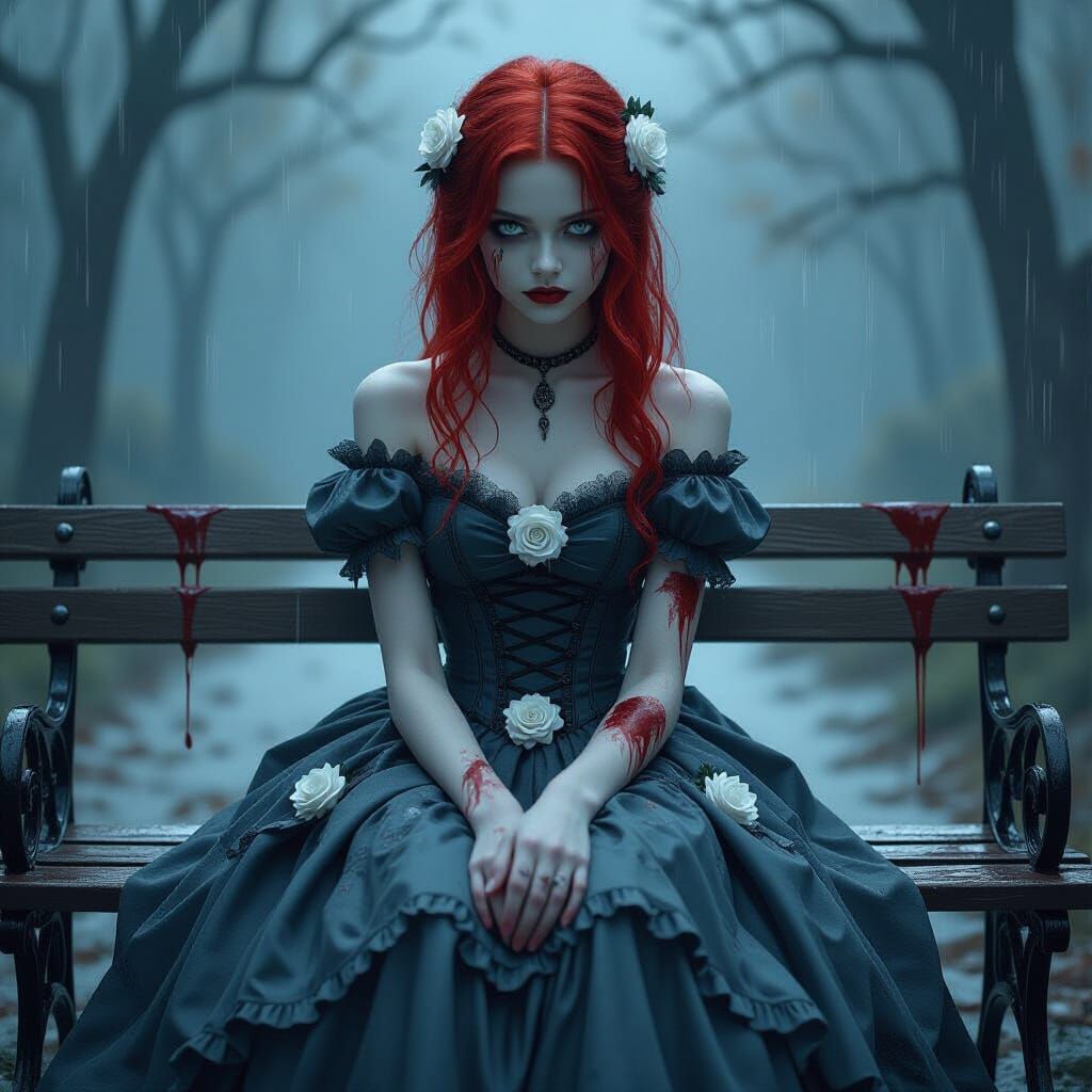Teen Zombie Girl in Ball Gown on Rainy Day