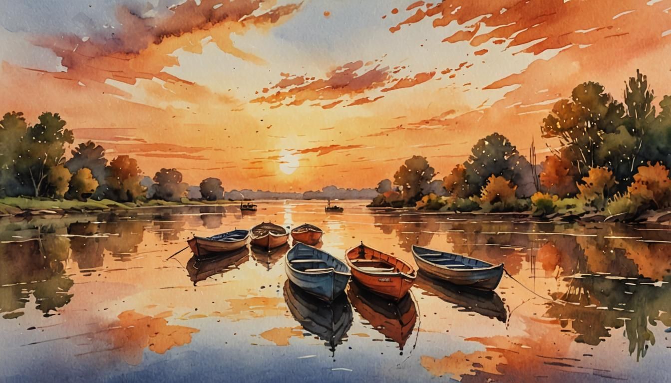 Impressionist Sunset: Small Boats on River