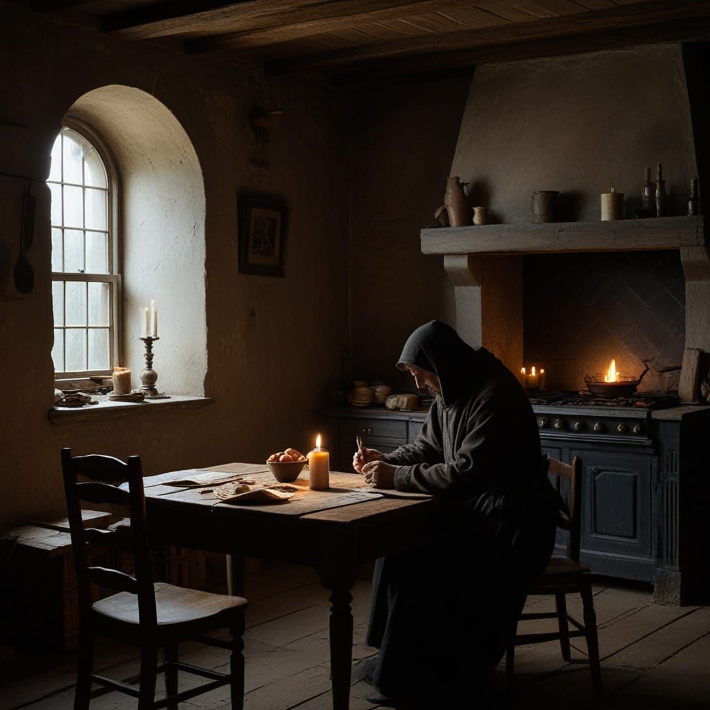 Lone Figure in Dimly Lit Medieval Kitchen, Tonalism Oil Pain...