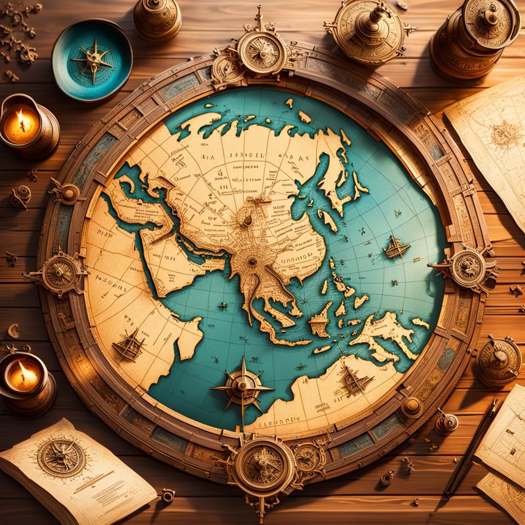 Hyperrealistic Ancient Kingdom Map on Wood Table