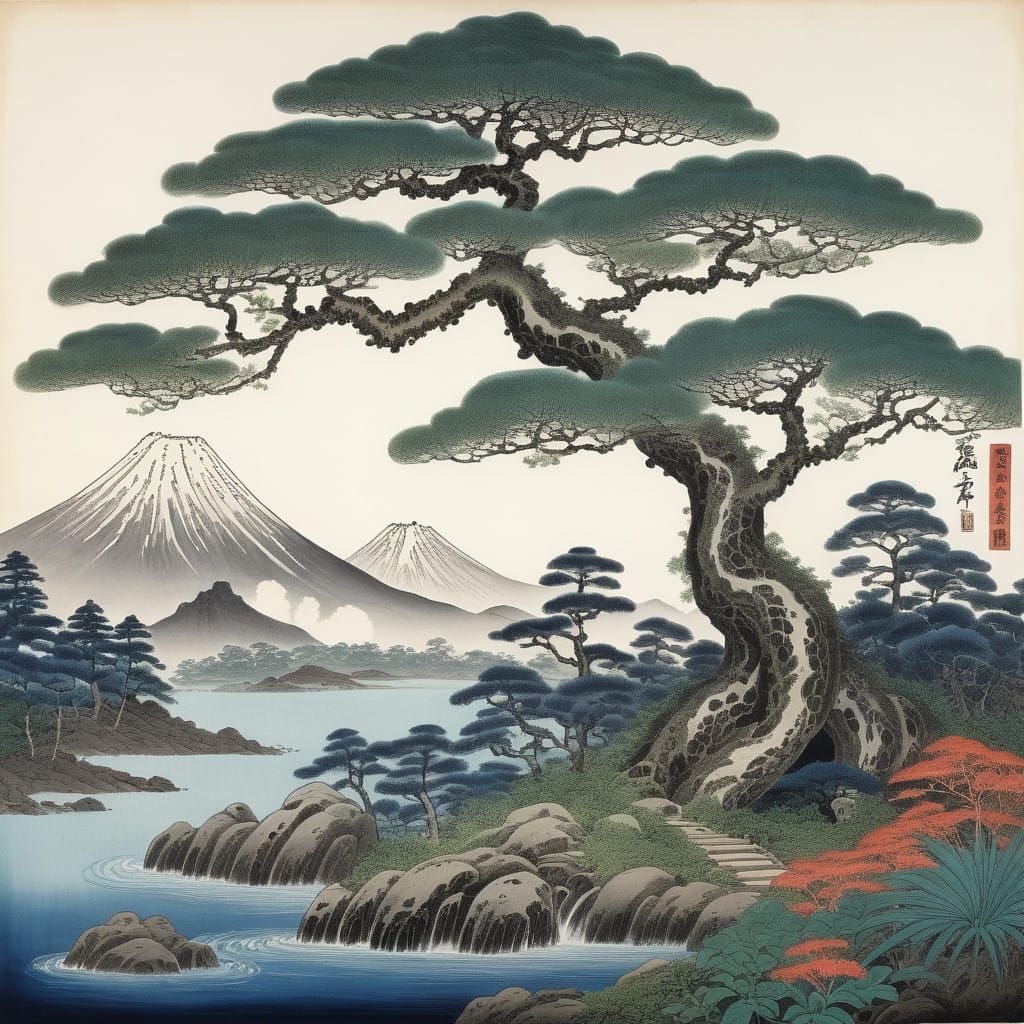 Whimsical Bonsai Garden in Dreamlike Gouache