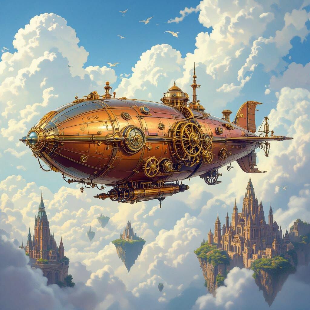 Steampunk Airship Soaring Through a Vibrant Sky