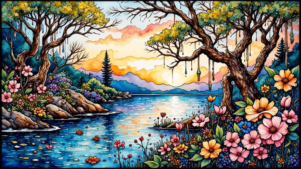 Vibrant Stained Glass Okinawa Landscape