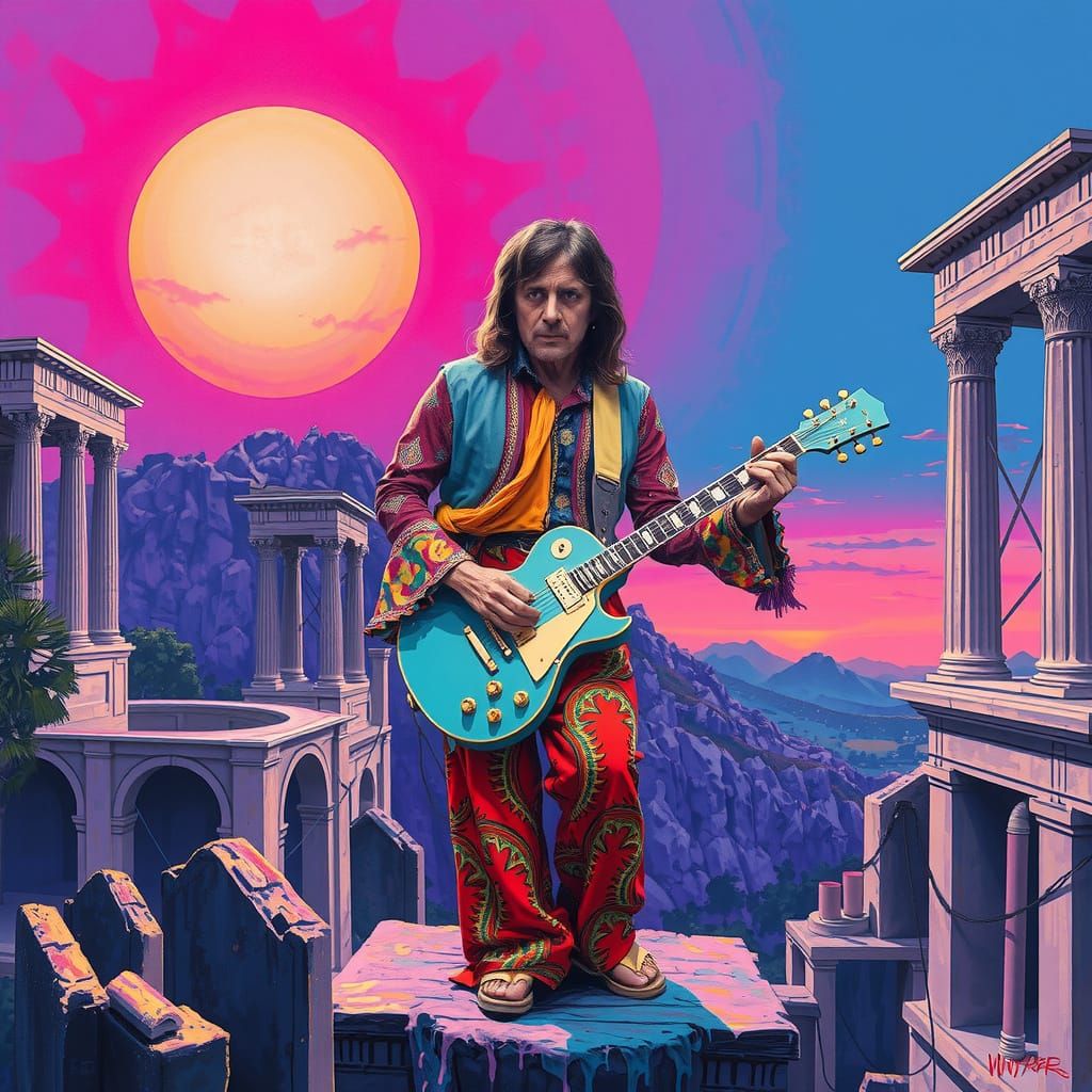 Syd Barrett Plays Guitar in Floating Grecian Stage