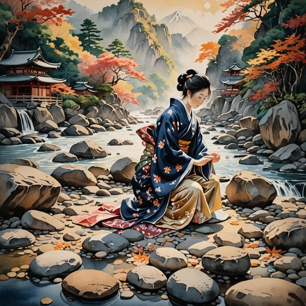 Woman Washing Kimono: Japanese Watercolor Tapestry
