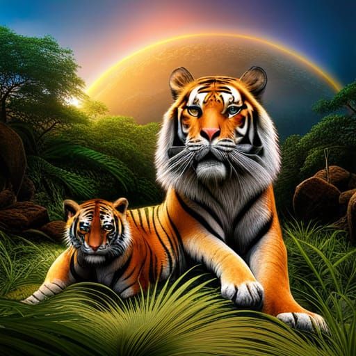 Rainbow Striped Tiger Mother and Cub: Fantasy CGI Render